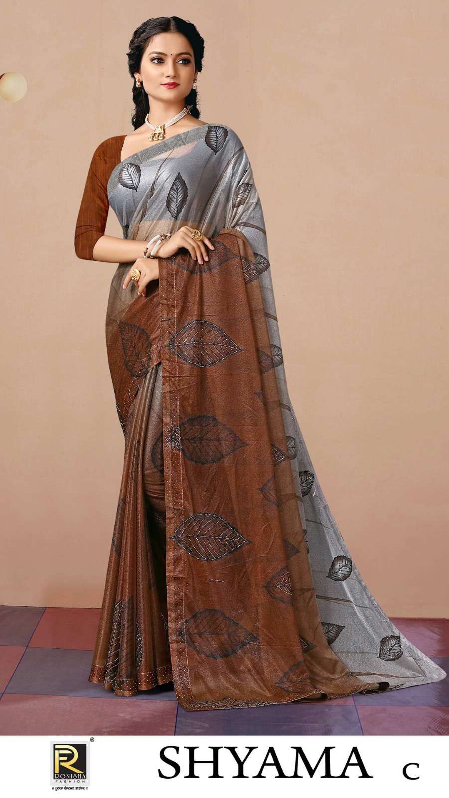 SHYAMA BY RONISHA SAREE FABRICS IMPORTED LYCRA PRINT WITH SIROSKI DIAMOND WORK FANCY DESIGNER SAREE