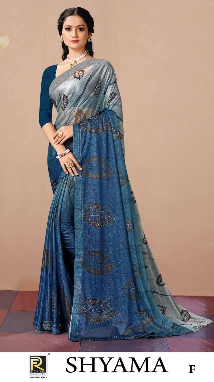 SHYAMA BY RONISHA SAREE FABRICS IMPORTED LYCRA PRINT WITH SIROSKI DIAMOND WORK FANCY DESIGNER SAREE