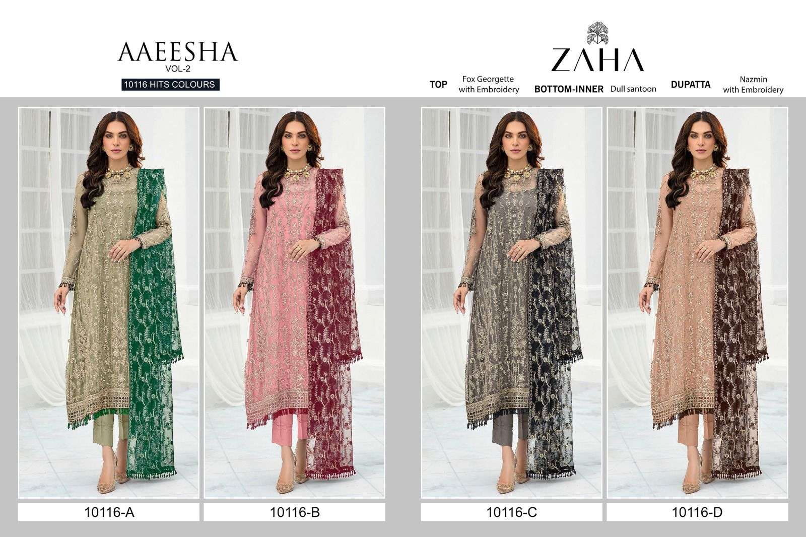 Zaha Aaeesha 10116 Hit Colours Pakistani Suit Wholesale catalog