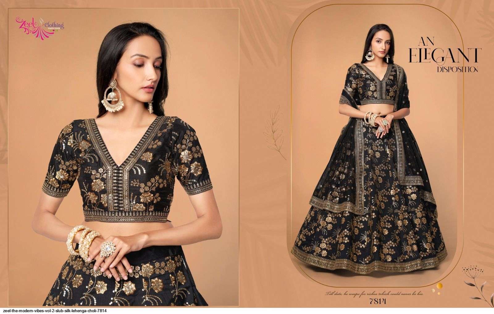 ZEEL THE MODERN VIBES VOL 2 SLUB SILK BLACK LEHENGA CHOLI 7814 Wholesale catalog