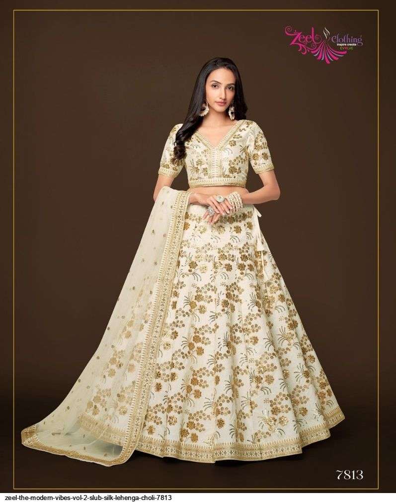 ZEEL THE MODERN VIBES VOL 2 SLUB SILK WHITE LEHENGA CHOLI 7813 Wholesale catalog