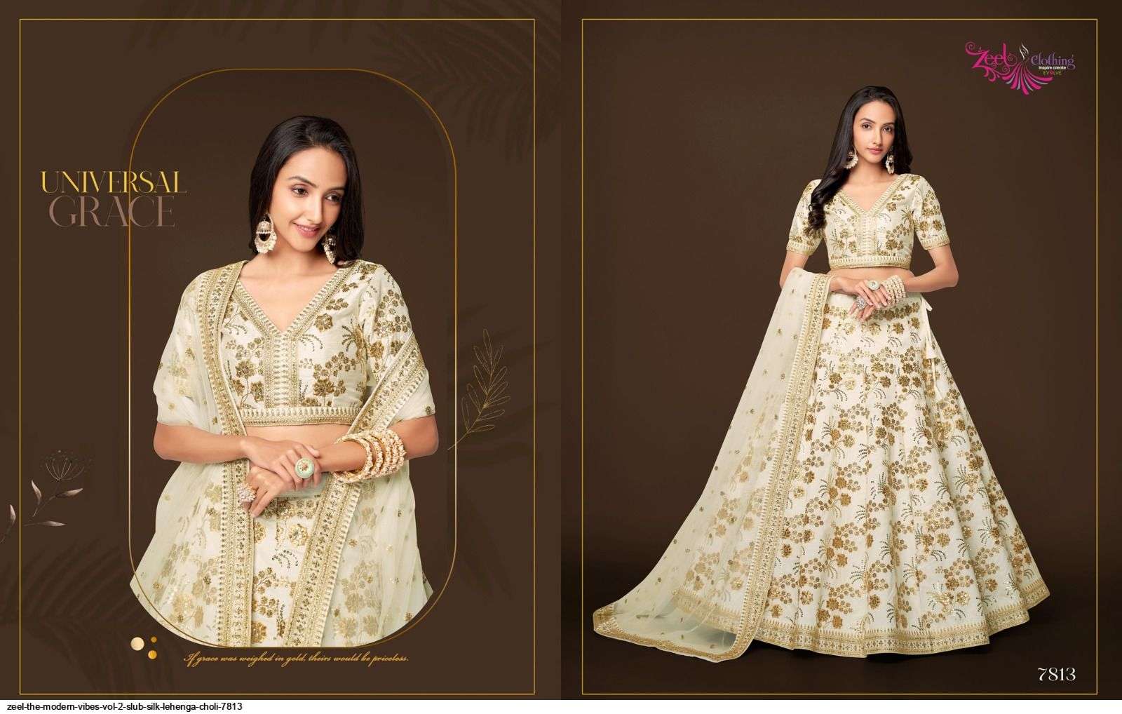 ZEEL THE MODERN VIBES VOL 2 SLUB SILK WHITE LEHENGA CHOLI 7813 Wholesale catalog