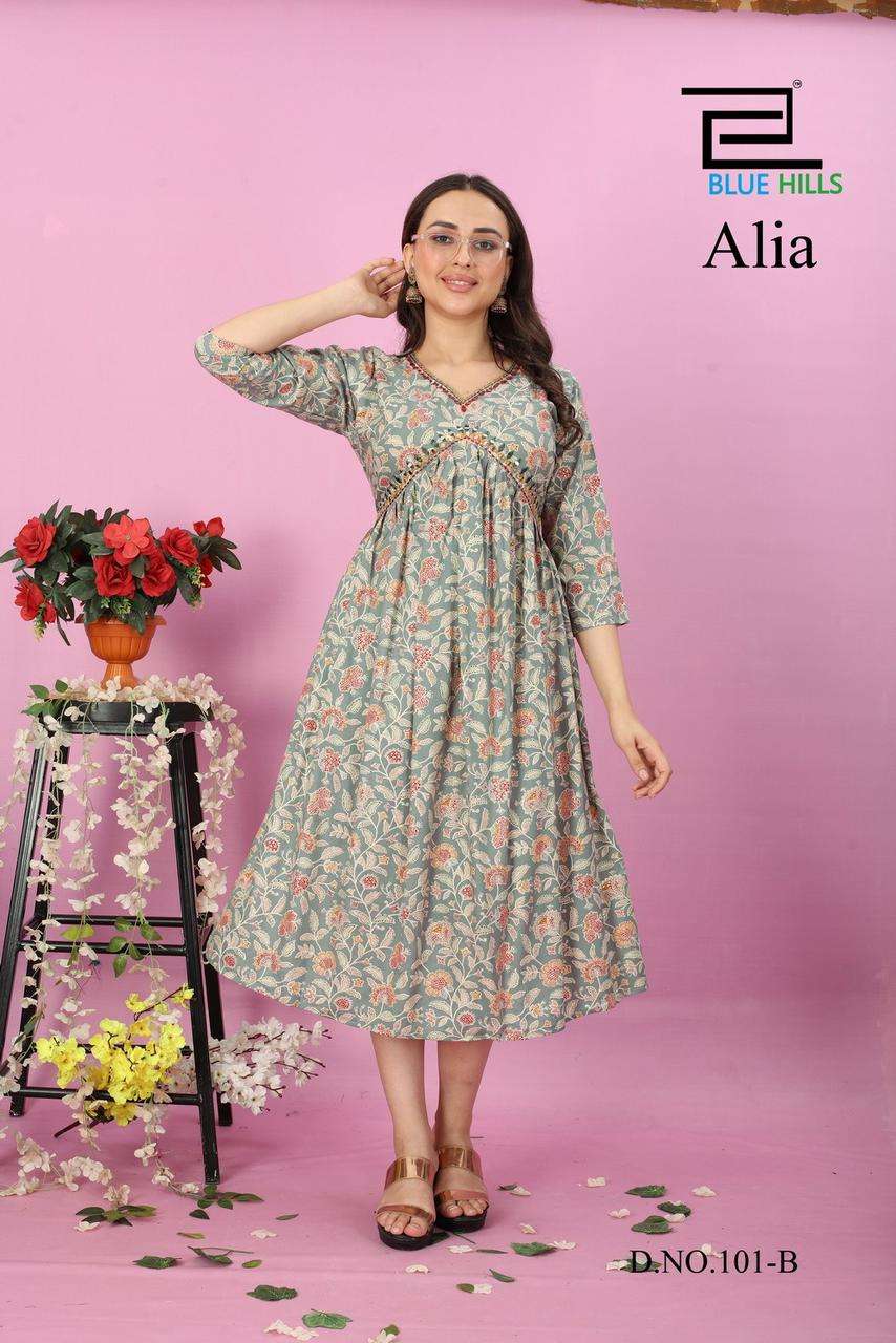 BLUE HILLS ALIA rayon mill print Kurti Wholesale catalog