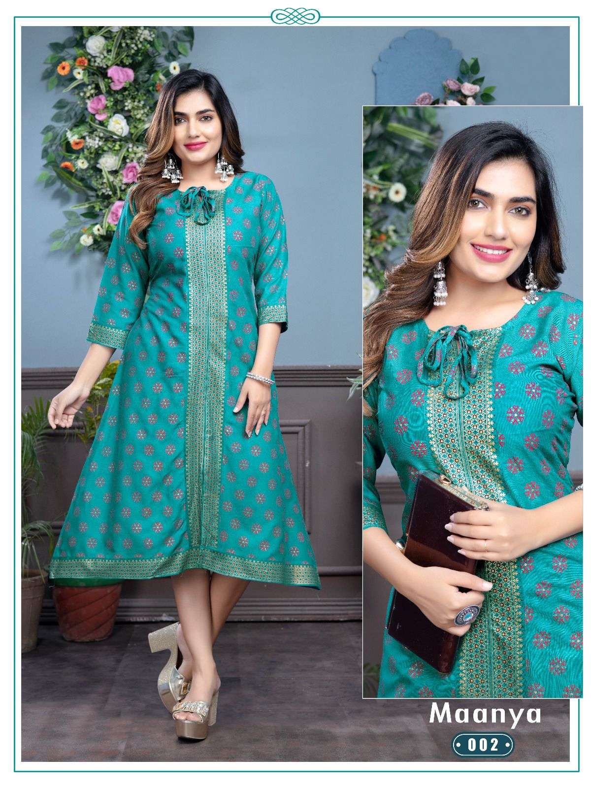 Light Pink Middle Slit Cut Flower Printed Kurti