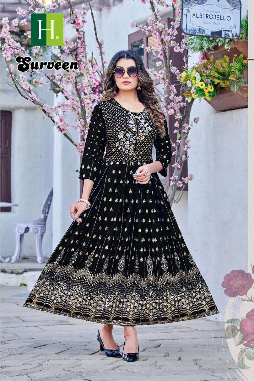 HIRWA Surveen Rayon Foil Prints long kurti Wholesale Catalog