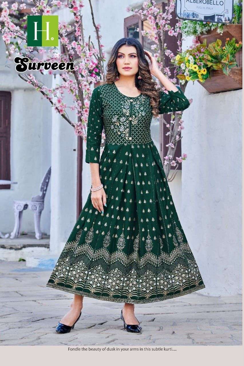 HIRWA Surveen Rayon Foil Prints long kurti Wholesale Catalog