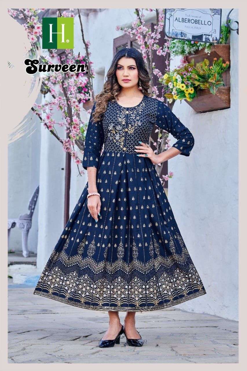 HIRWA Surveen Rayon Foil Prints long kurti Wholesale Catalog