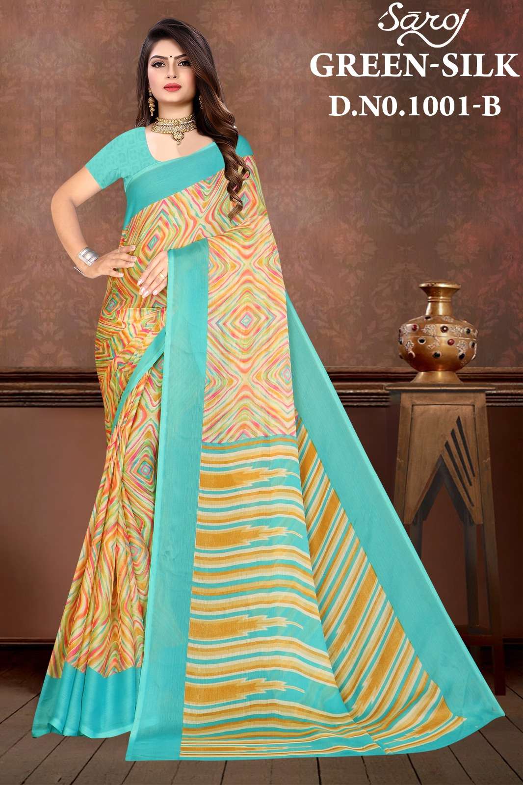 Saroj Green silk-1 Casual Moss chiffon crushed printed Saree Wholesale catalog