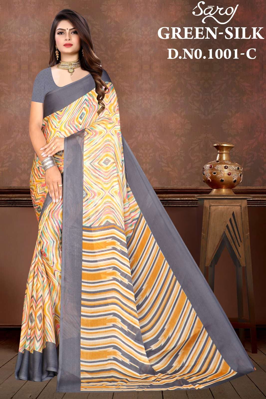 Saroj Green silk-1 Casual Moss chiffon crushed printed Saree Wholesale catalog