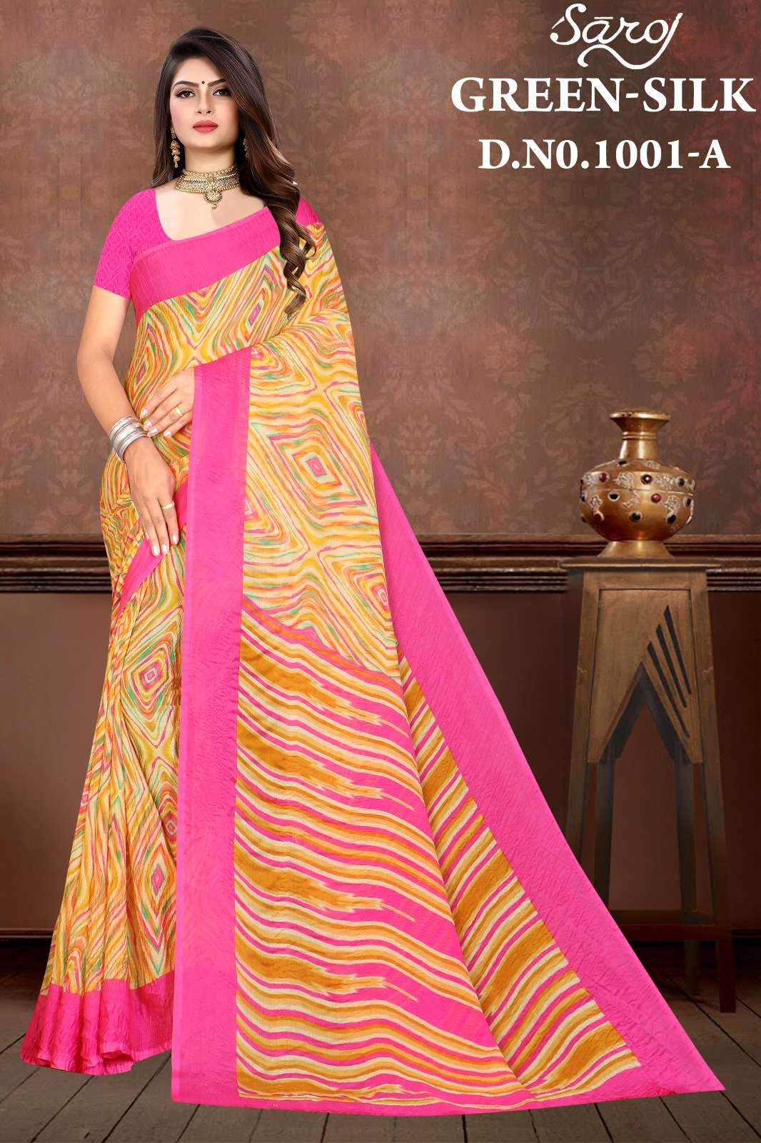 Saroj Green silk-1 Casual Moss chiffon crushed printed Saree Wholesale catalog