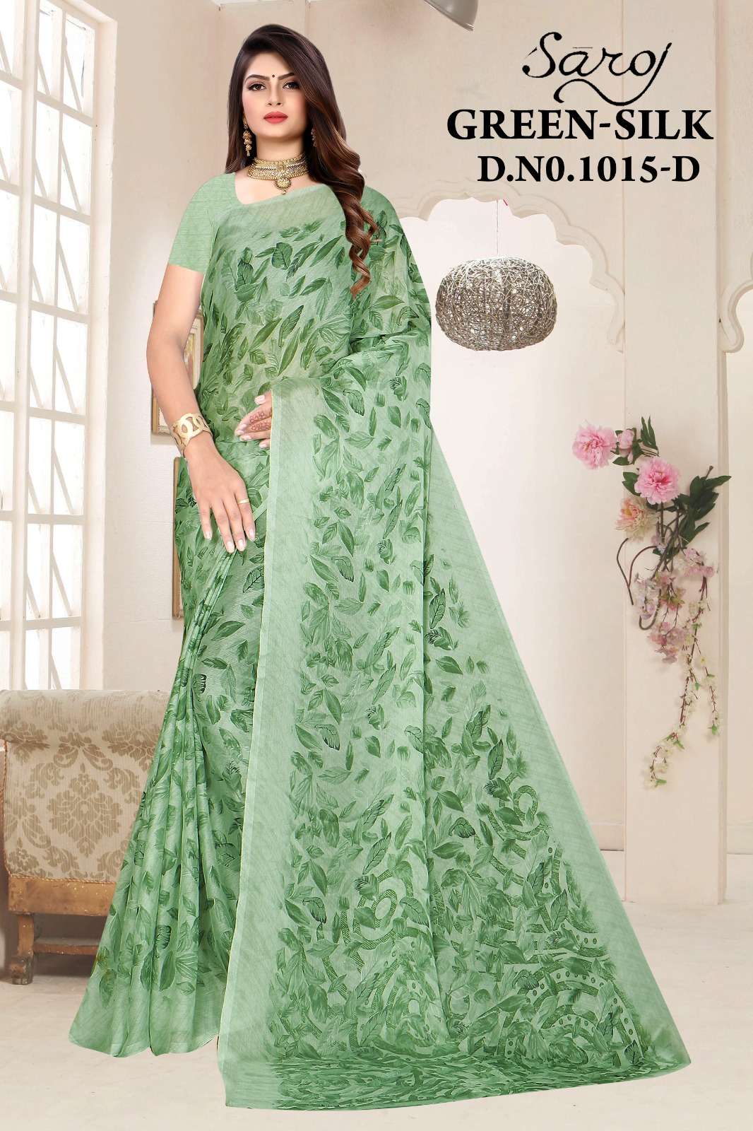 Saroj Green Silk 15 Designer Moss Chiffon Saree Wholesale catalog