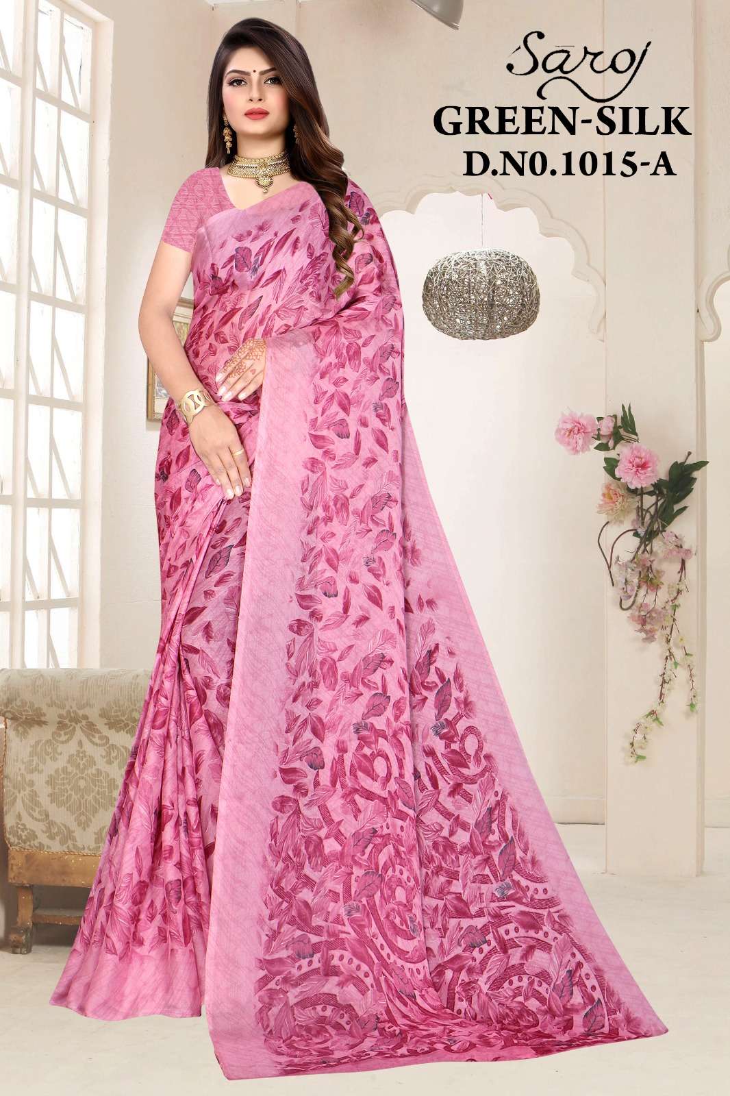 Saroj Green Silk 15 Designer Moss Chiffon Saree Wholesale catalog