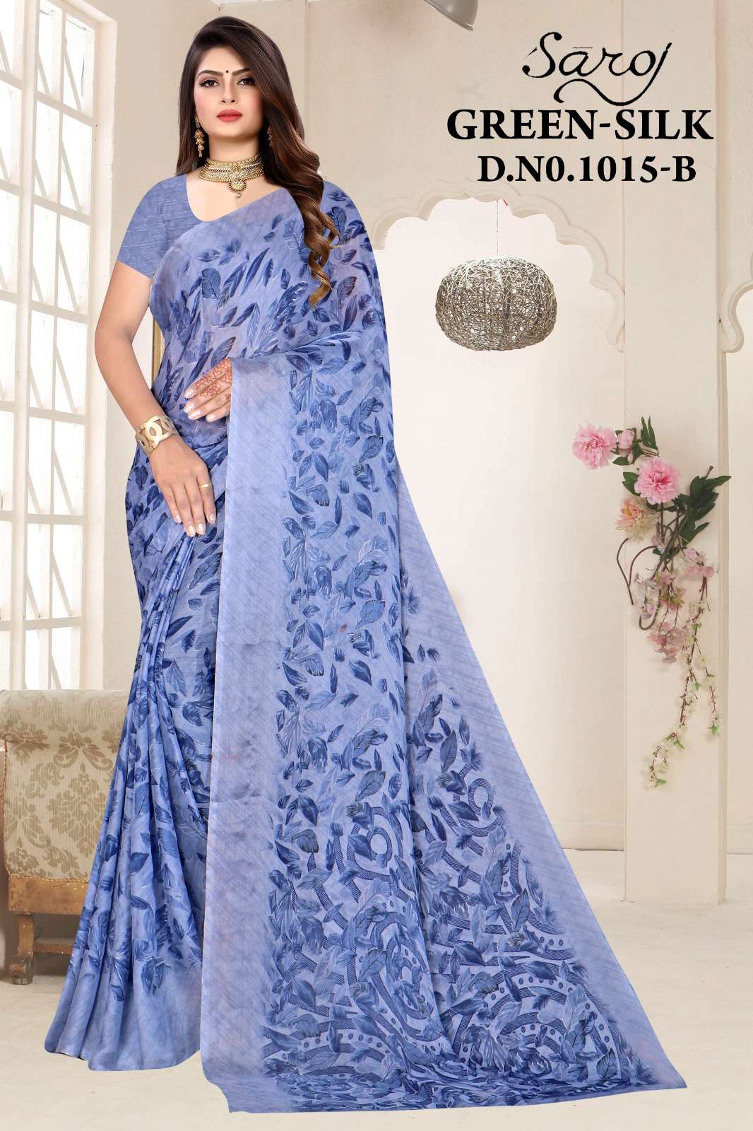 Saroj Green Silk 15 Designer Moss Chiffon Saree Wholesale catalog