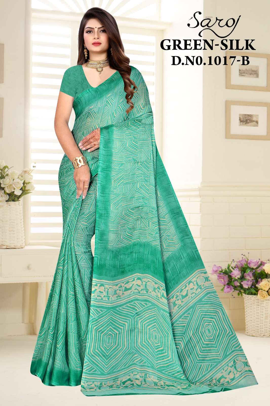 Saroj Green Silk 17 Designer Moss Chiffon Printed Saree Wholesale catalog