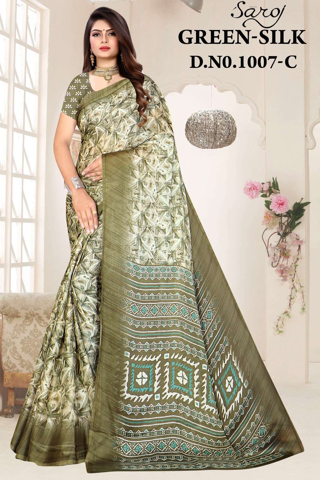Saroj Green silk-7 Casual Moss chiffon crushed printed Saree Wholesale catalog