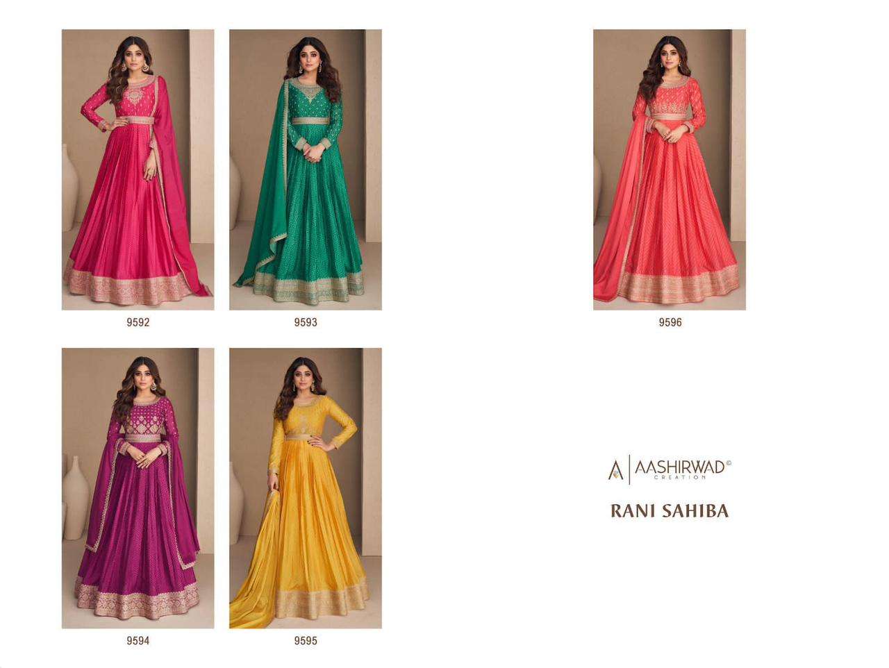 AASHIRWAD CREATION RANI SAHIBA CHINNON  SILK Gown Kurti Wholesale catalog
