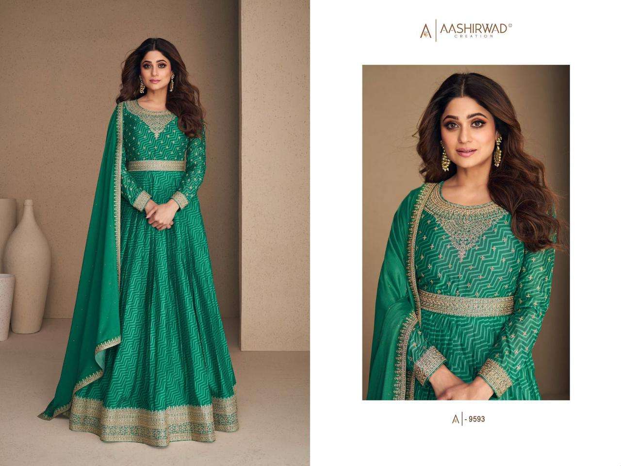 AASHIRWAD CREATION RANI SAHIBA CHINNON  SILK Gown Kurti Wholesale catalog