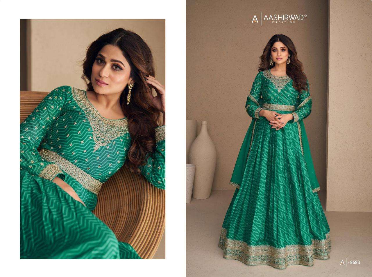 AASHIRWAD CREATION RANI SAHIBA CHINNON  SILK Gown Kurti Wholesale catalog