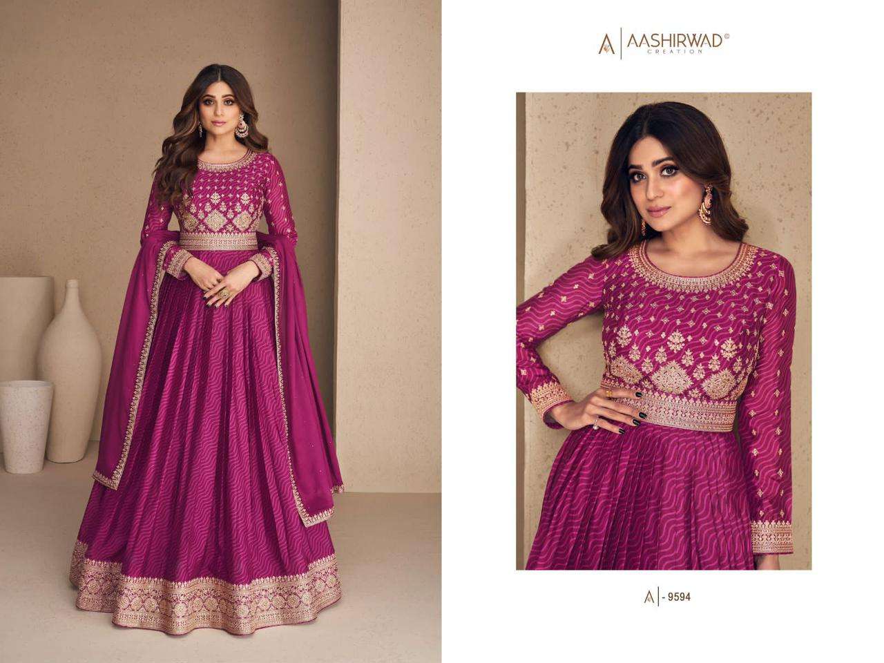 AASHIRWAD CREATION RANI SAHIBA CHINNON  SILK Gown Kurti Wholesale catalog