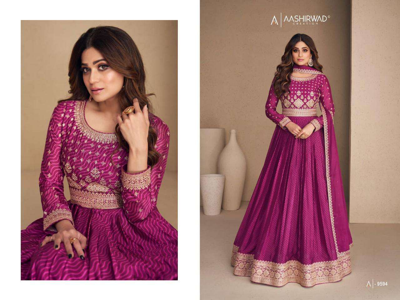 AASHIRWAD CREATION RANI SAHIBA CHINNON  SILK Gown Kurti Wholesale catalog