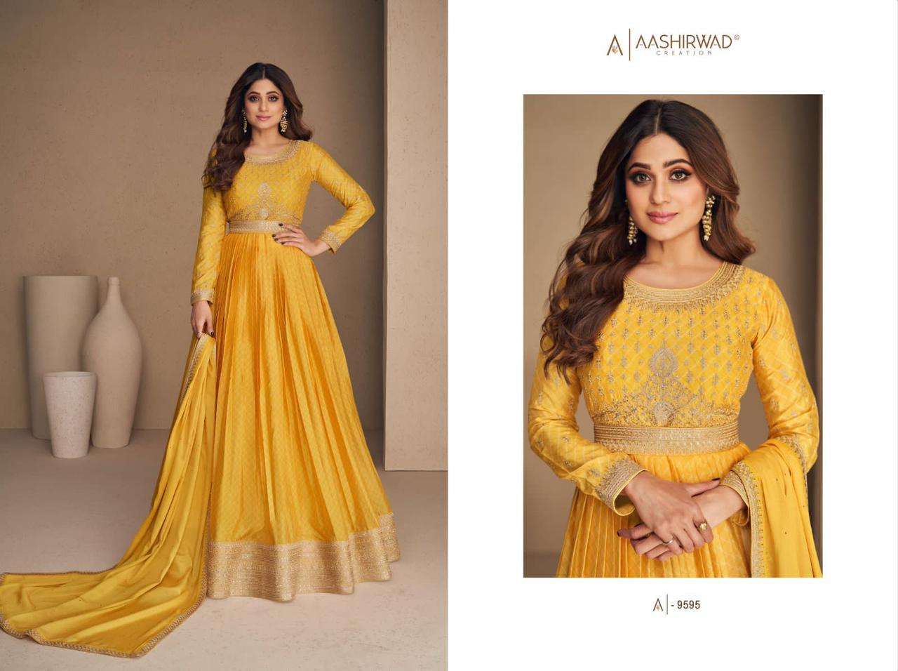 AASHIRWAD CREATION RANI SAHIBA CHINNON  SILK Gown Kurti Wholesale catalog