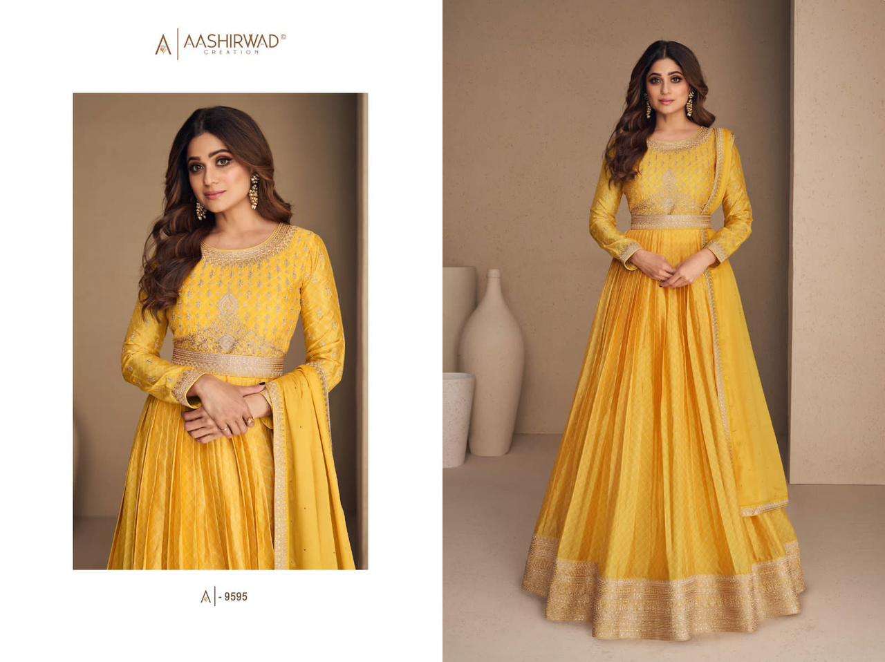 AASHIRWAD CREATION RANI SAHIBA CHINNON  SILK Gown Kurti Wholesale catalog