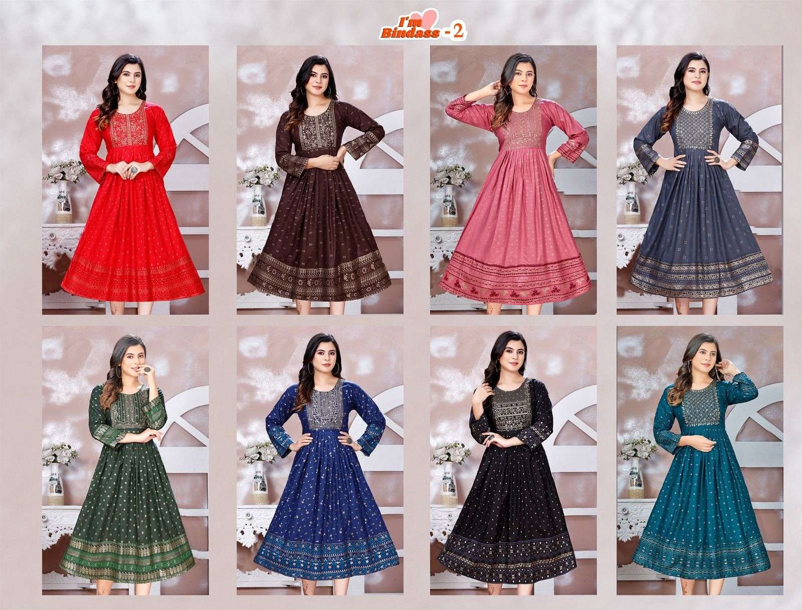 BEAUTY QUEEN I’M BINDASS-2 HEAVY RAYON 14 KG FOIL PRINT Kurti Wholesale catalog