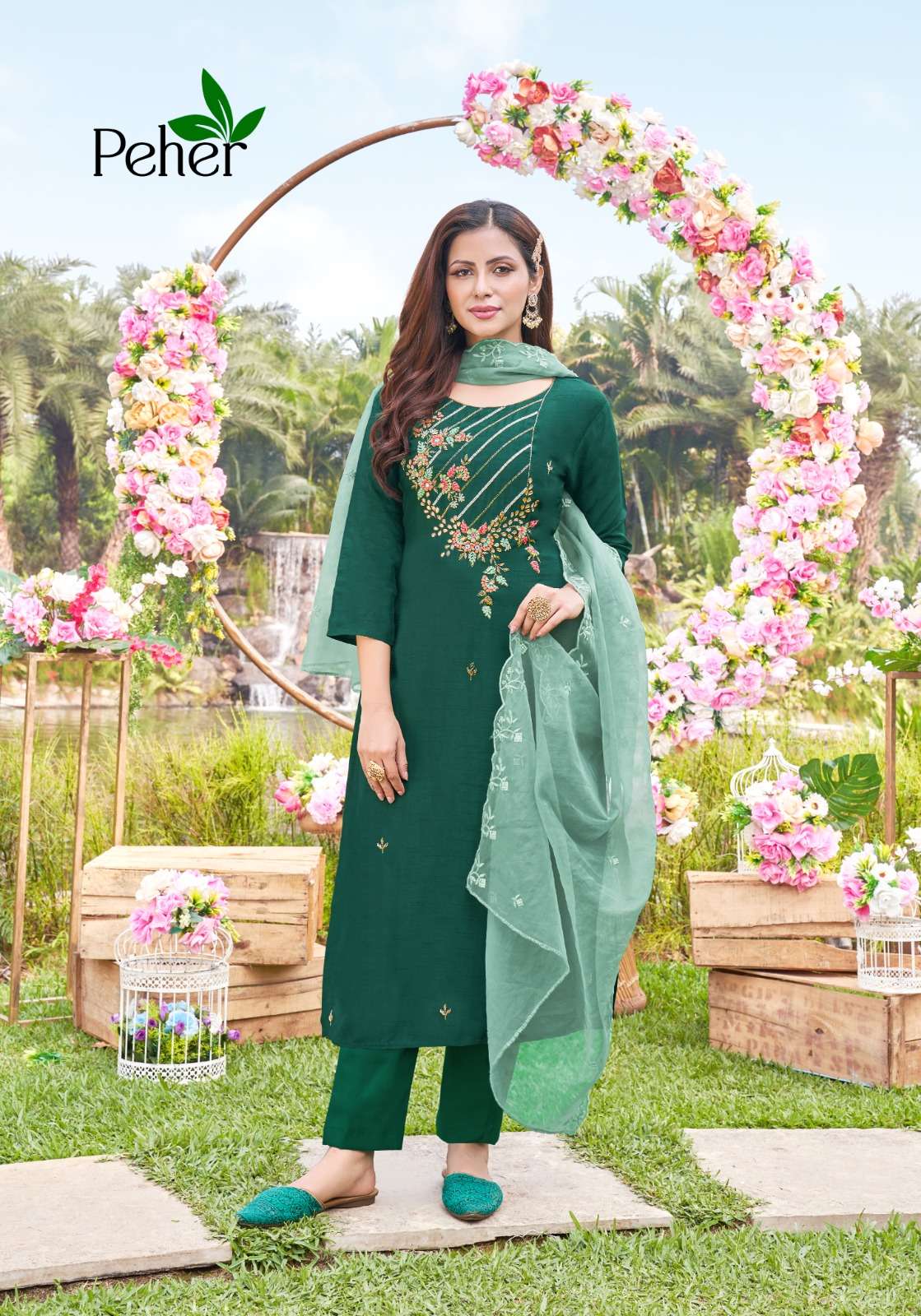 Gauri - modal satin silk kurta set with netted dupatta with hand work in  pastel green - Vastara by Soundarya