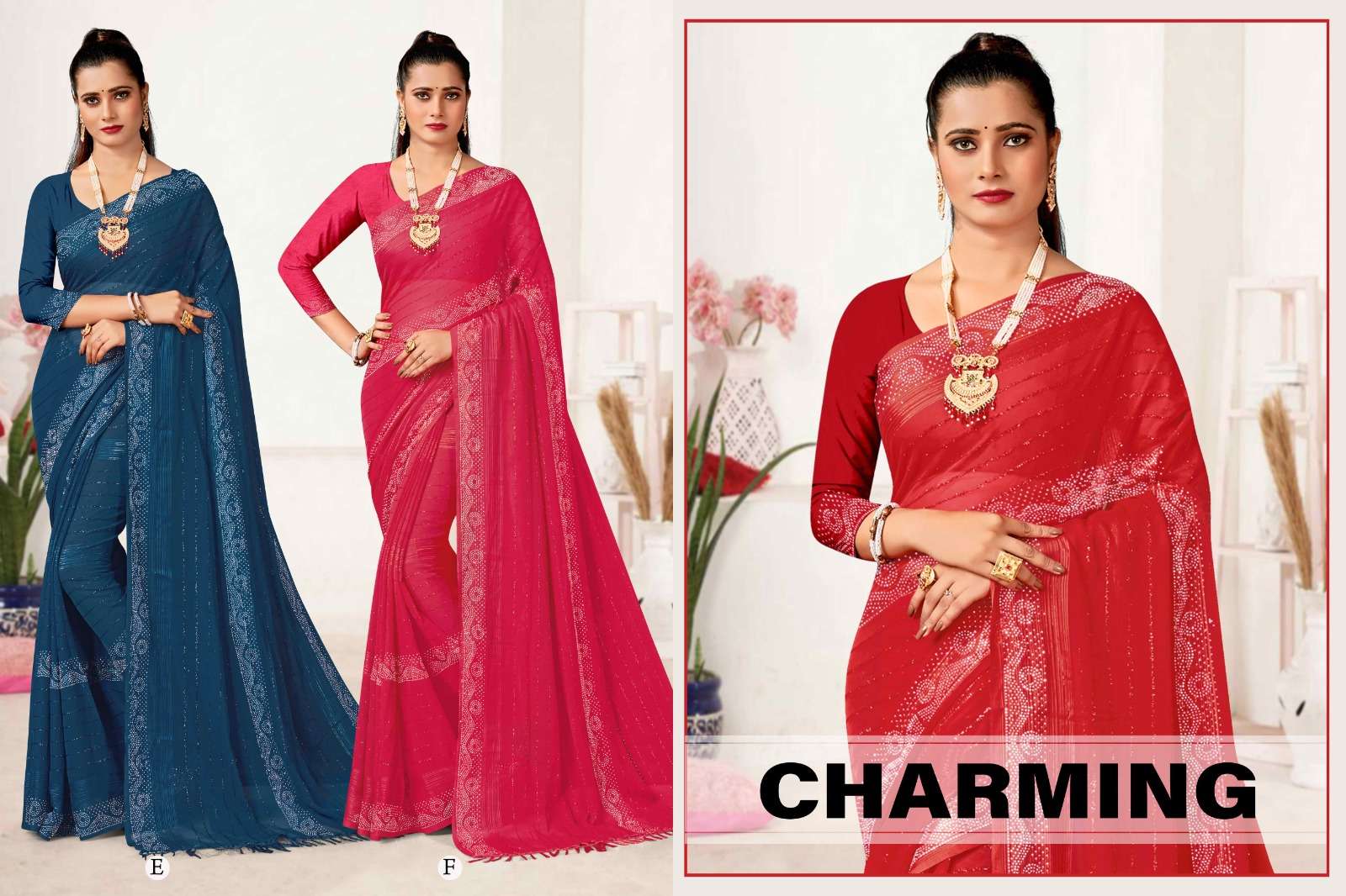 CHARMING  BY RONISHA SAREE  FANCY FABRICS SELF PETTERN WITH SIROSKI DIAMOND WORK SUPER HIT COLLECTION 