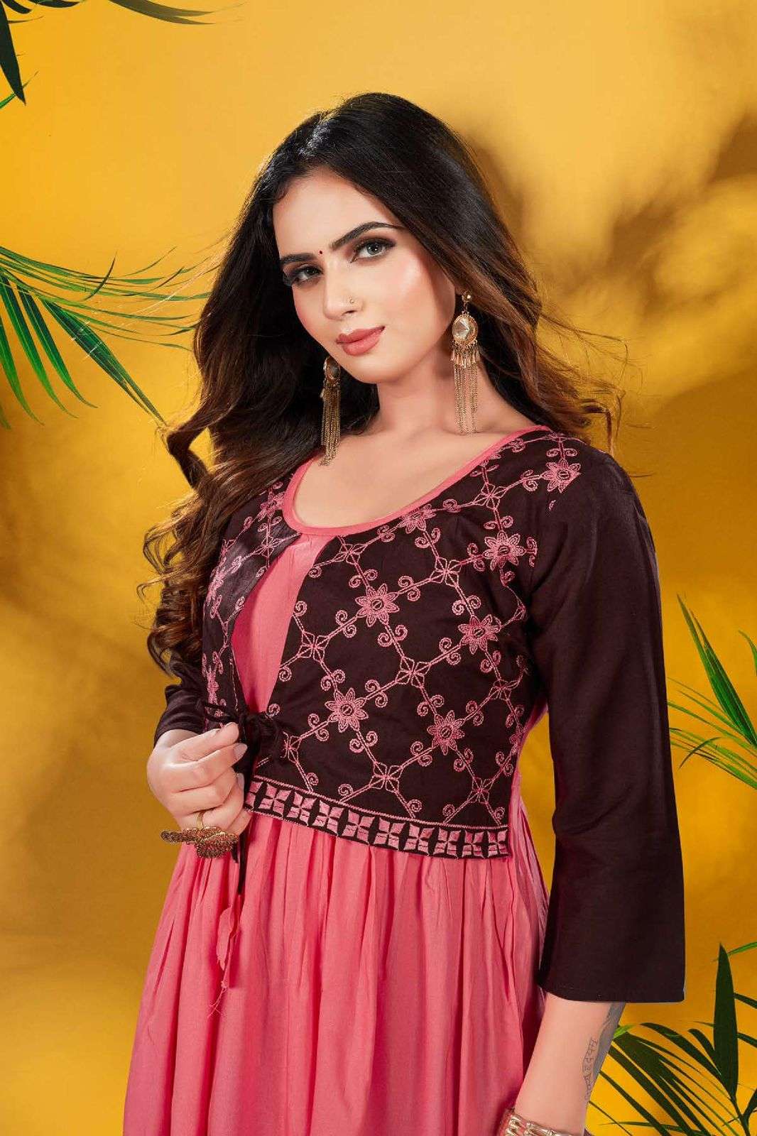 Golden Shiddhat Reyon frock style embroidery work Kurti Wholesale catalog