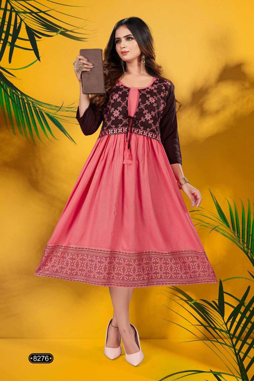 Golden Shiddhat Reyon frock style embroidery work Kurti Wholesale catalog