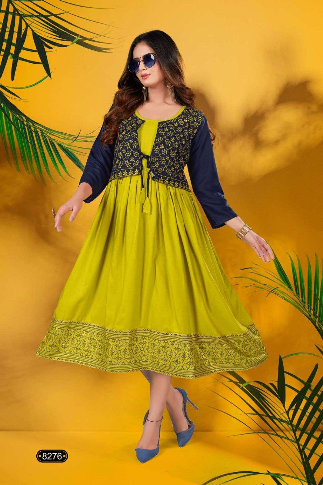 Golden Shiddhat Reyon frock style embroidery work Kurti Wholesale catalog