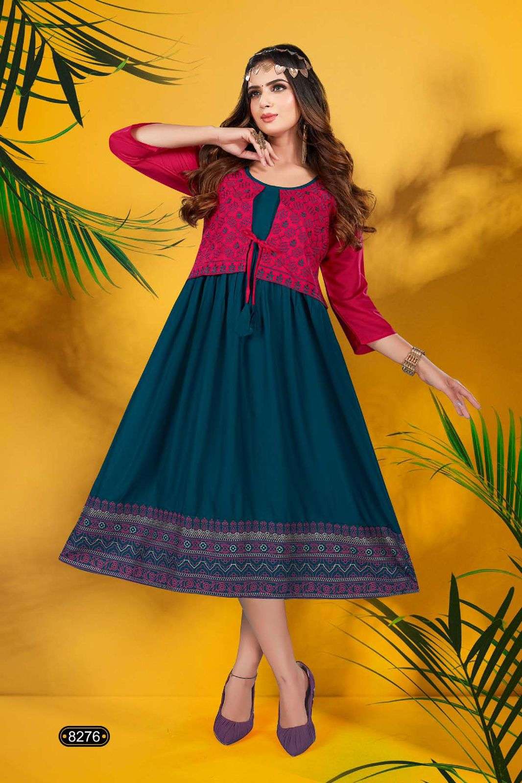 Golden Shiddhat Reyon frock style embroidery work Kurti Wholesale catalog