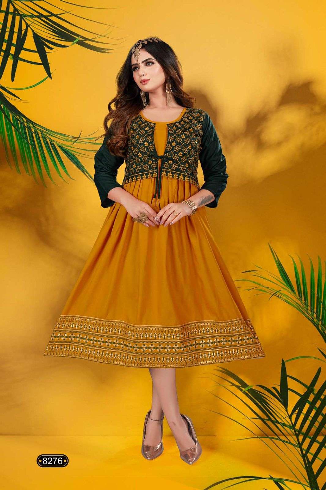 Golden Shiddhat Reyon frock style embroidery work Kurti Wholesale catalog