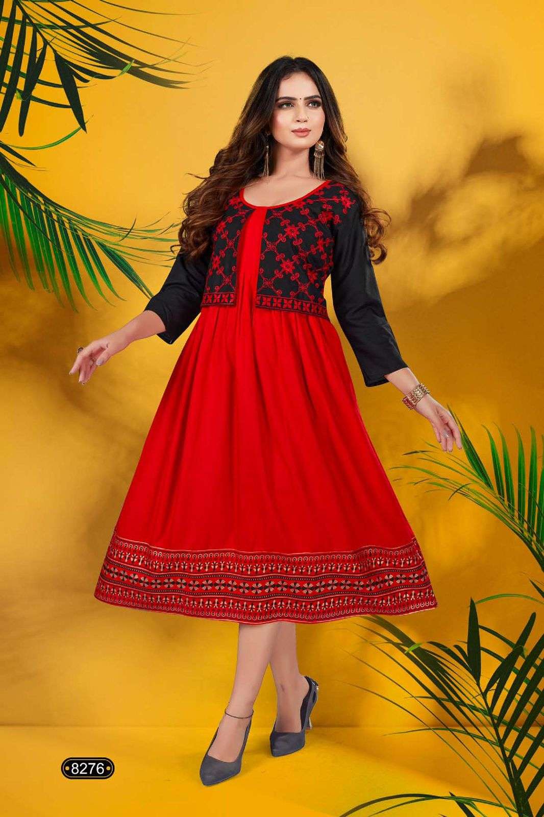 Golden Shiddhat Reyon frock style embroidery work Kurti Wholesale catalog