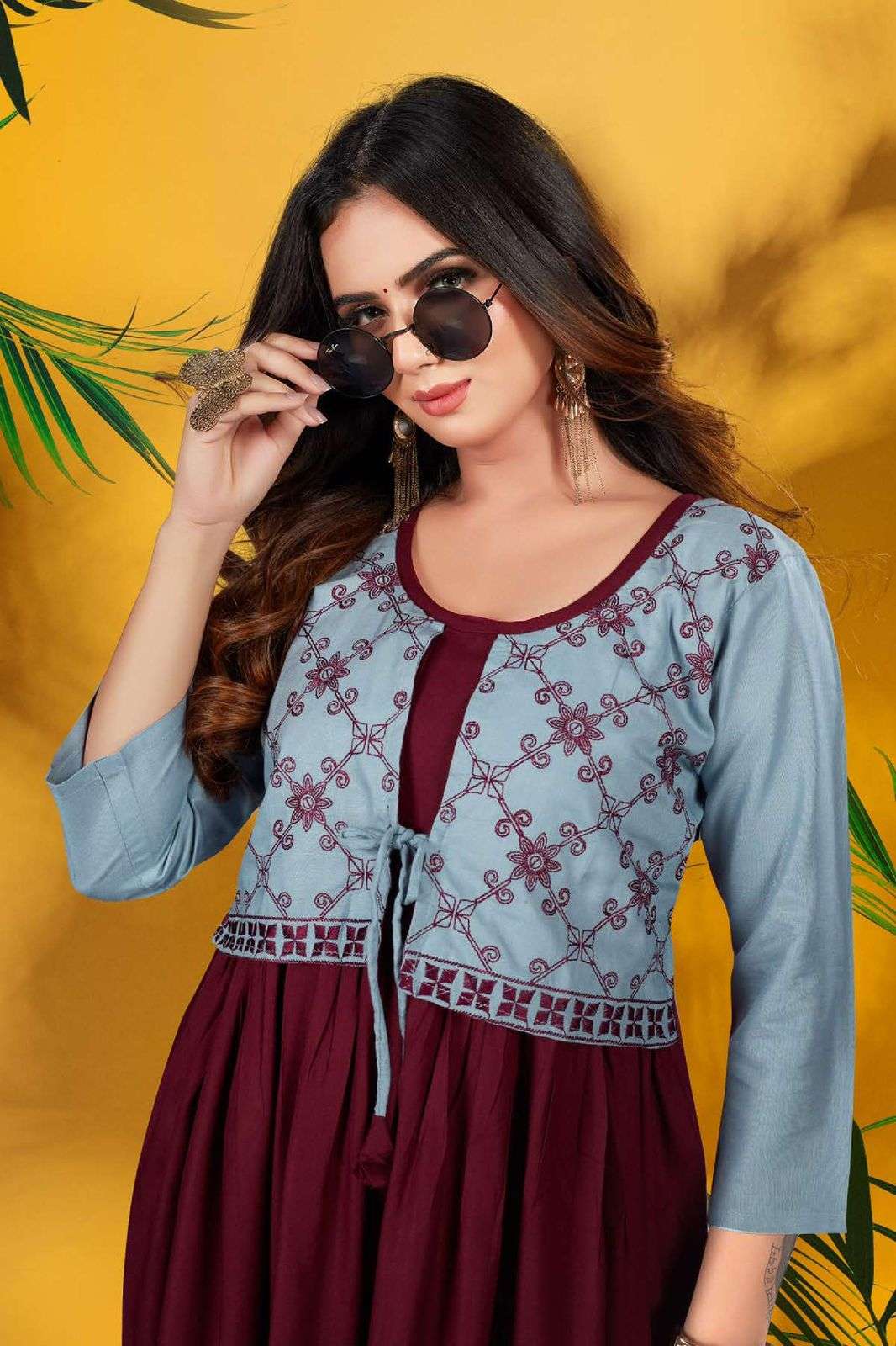 Golden Shiddhat Reyon frock style embroidery work Kurti Wholesale catalog