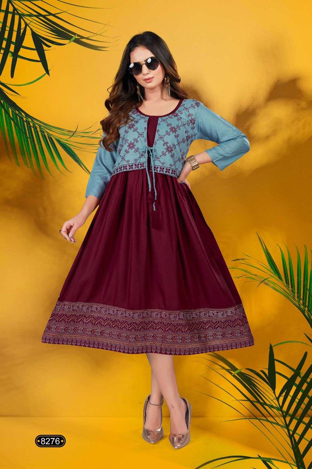 Golden Shiddhat Reyon frock style embroidery work Kurti Wholesale catalog
