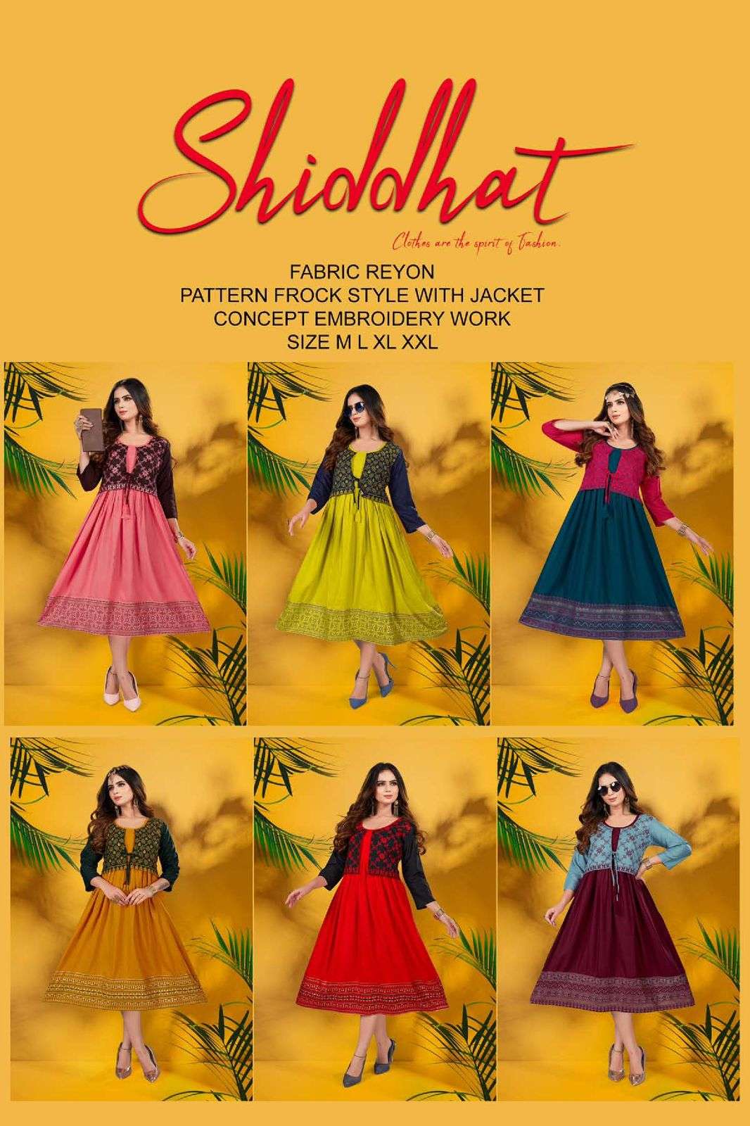 Golden Shiddhat Reyon frock style embroidery work Kurti Wholesale catalog