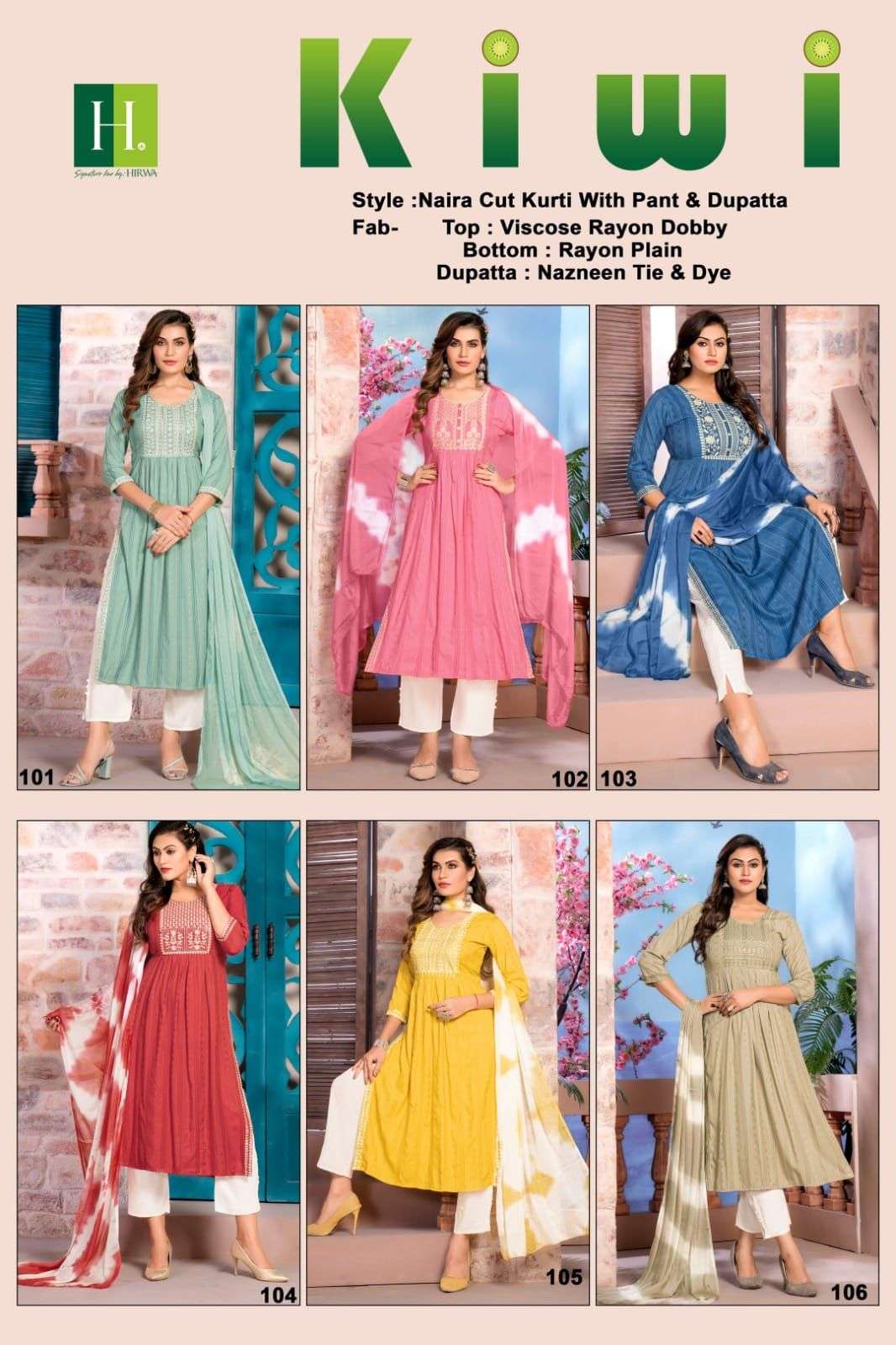 HIRWA Naira 3-Piece KIWI Naira cut Rayon Kurti Wholesale catalog