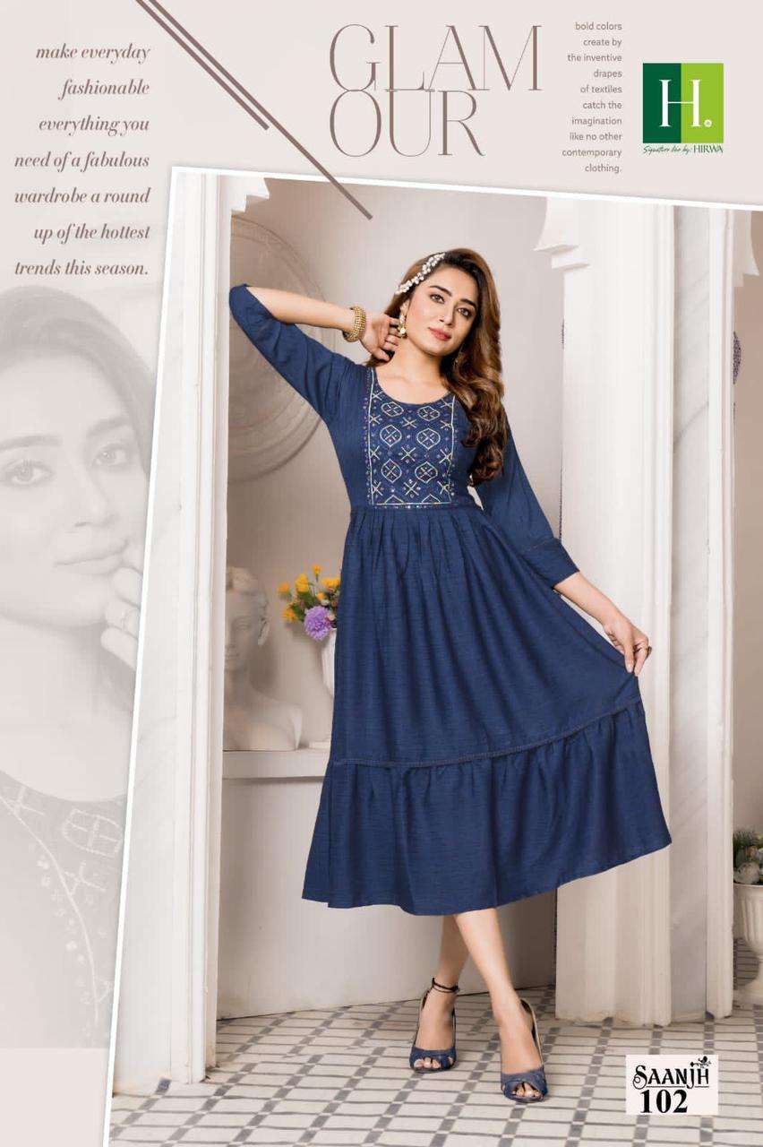 HIRWA Saanjh Viscose Rayon Long Ghera Kurti Wholesale catalog