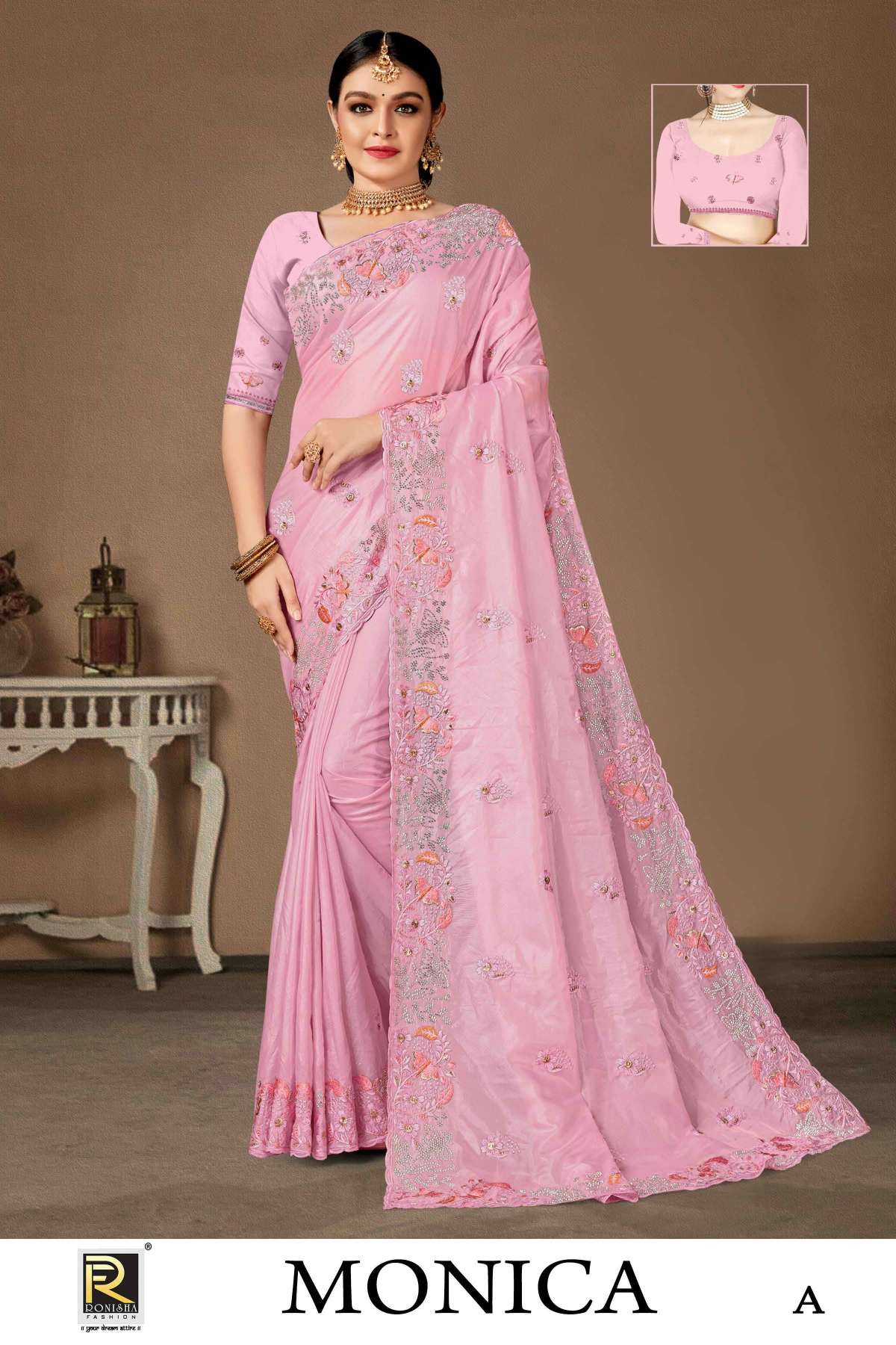 MONICA  BY RONISHA SAREE  FANCY FABRICS  SIROSKI DIAMOND AND EMBROIDERY WORK SUPER HIT COLLECTION 