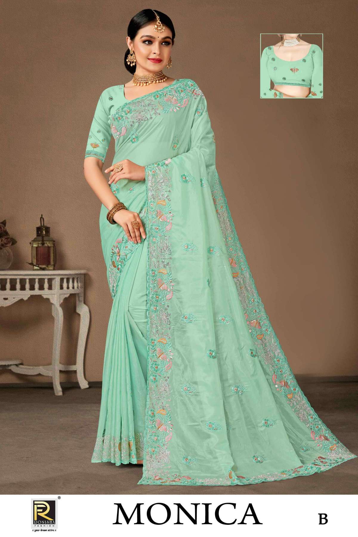 MONICA  BY RONISHA SAREE  FANCY FABRICS  SIROSKI DIAMOND AND EMBROIDERY WORK SUPER HIT COLLECTION 