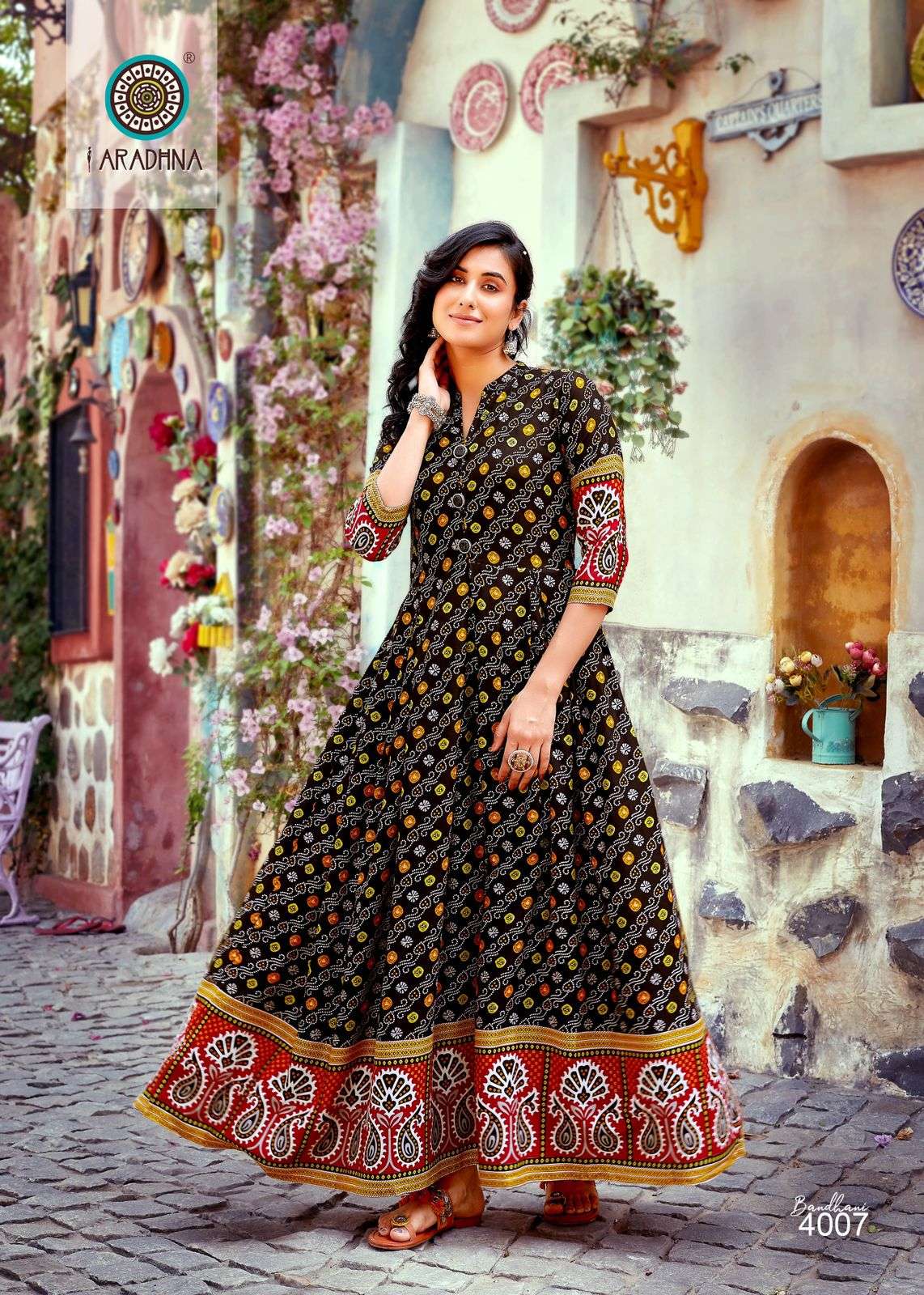 Rayon Bandhej Bandhani Printed Latest Design New Kurti Anarkali Gown Red  Color Ghera Kurti