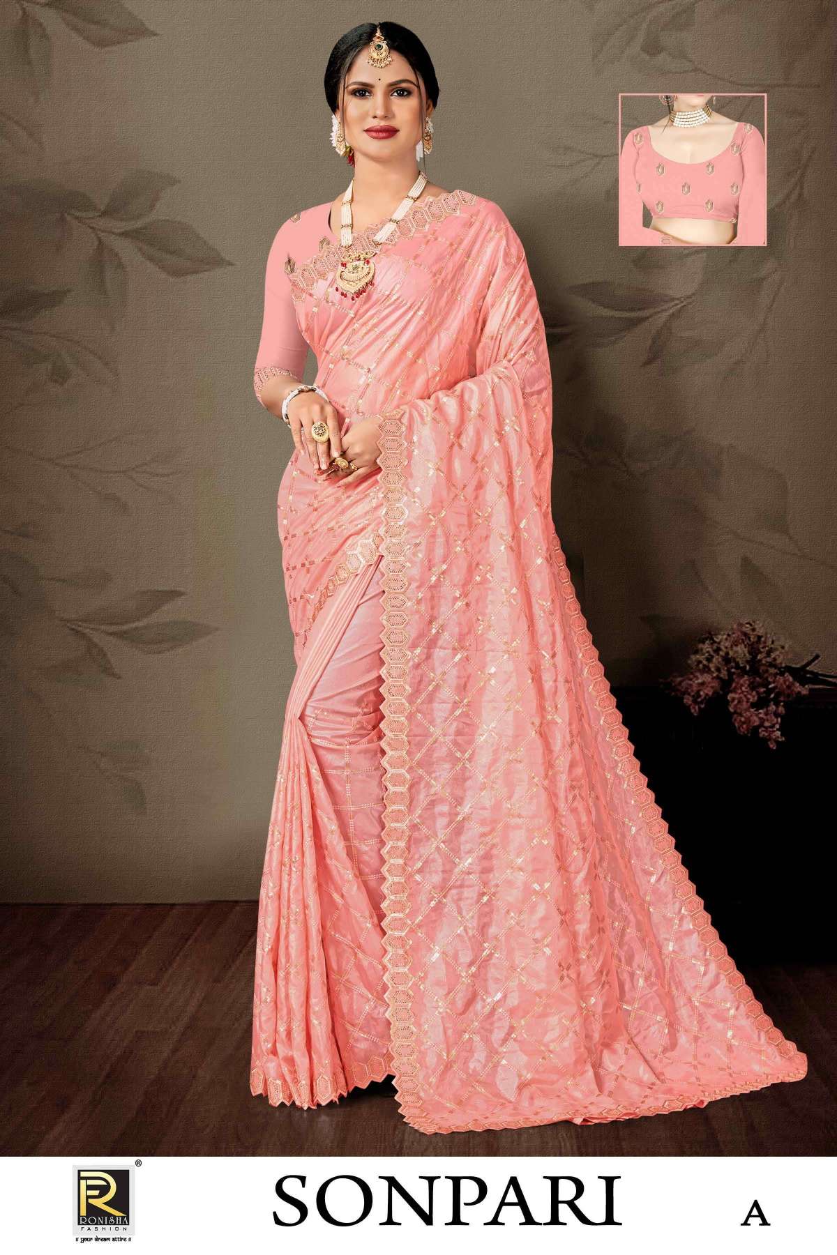 Ronisha Sonpari Fancy Siroski Embroidery Work Saree Collection Wholesale catalog