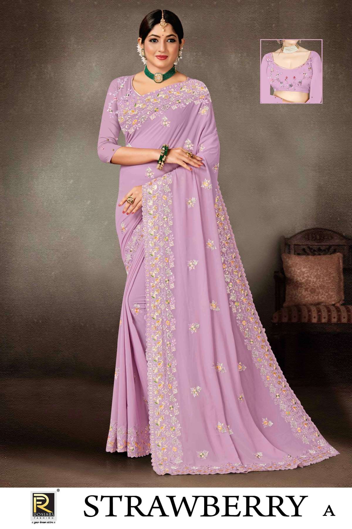 Ronisha Strawberry Fancy Siroski Embroidery Work Designer Saree Wholesale catalog