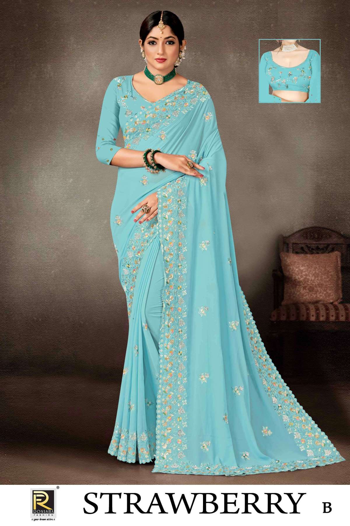 Ronisha Strawberry Fancy Siroski Embroidery Work Designer Saree Wholesale catalog