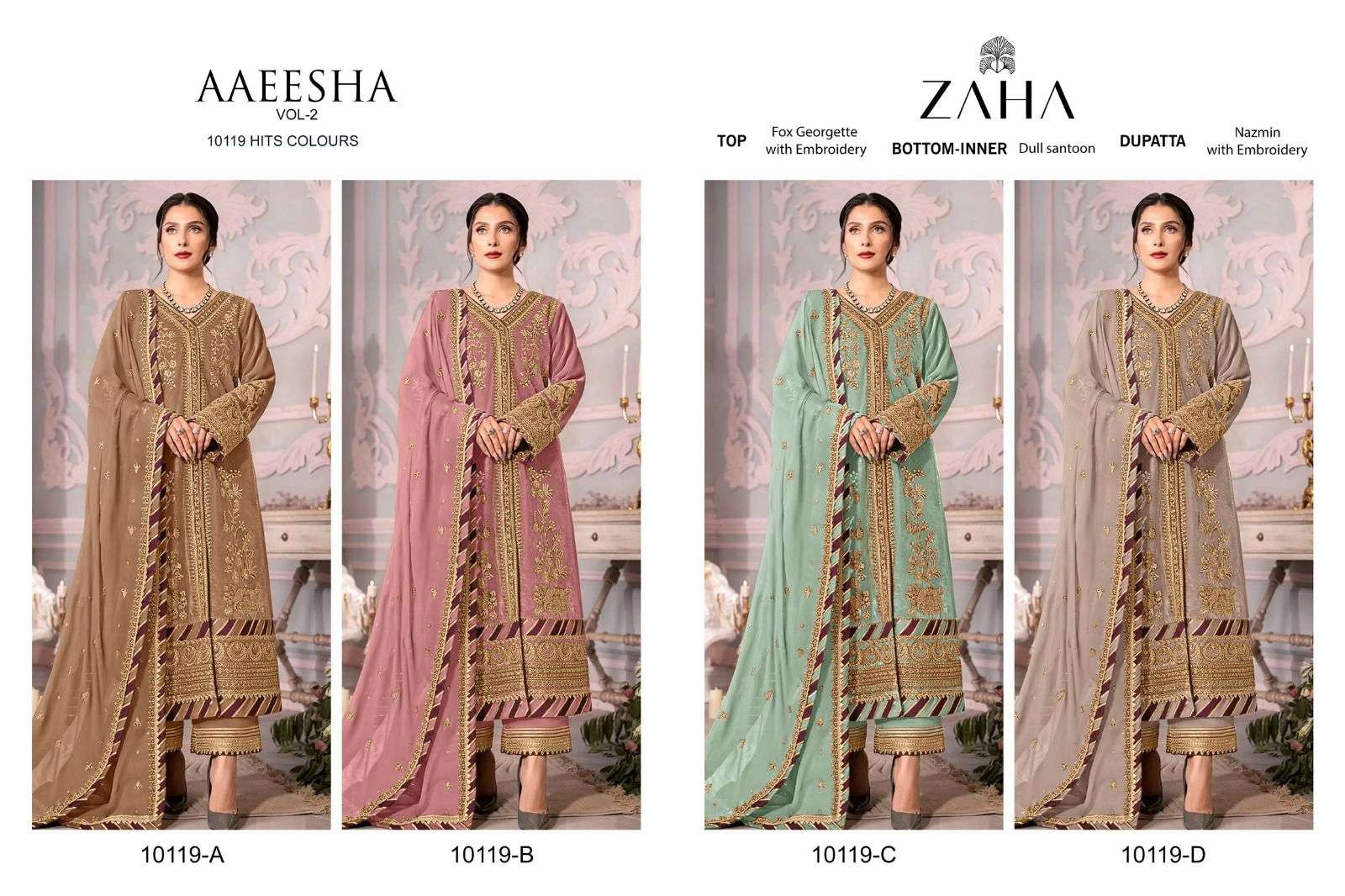 Zaha Aaeesha 10119 Hits Colours Pakistani Salwar Kameez Wholesale catalog
