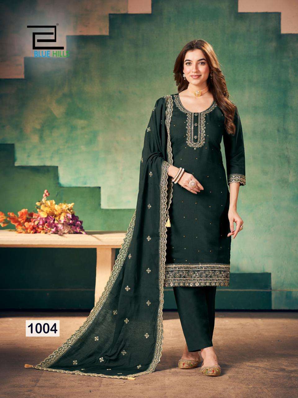 Blue Hills Full Moon Roman Silk Kurti Pant With Dupatta Wholesale catalog