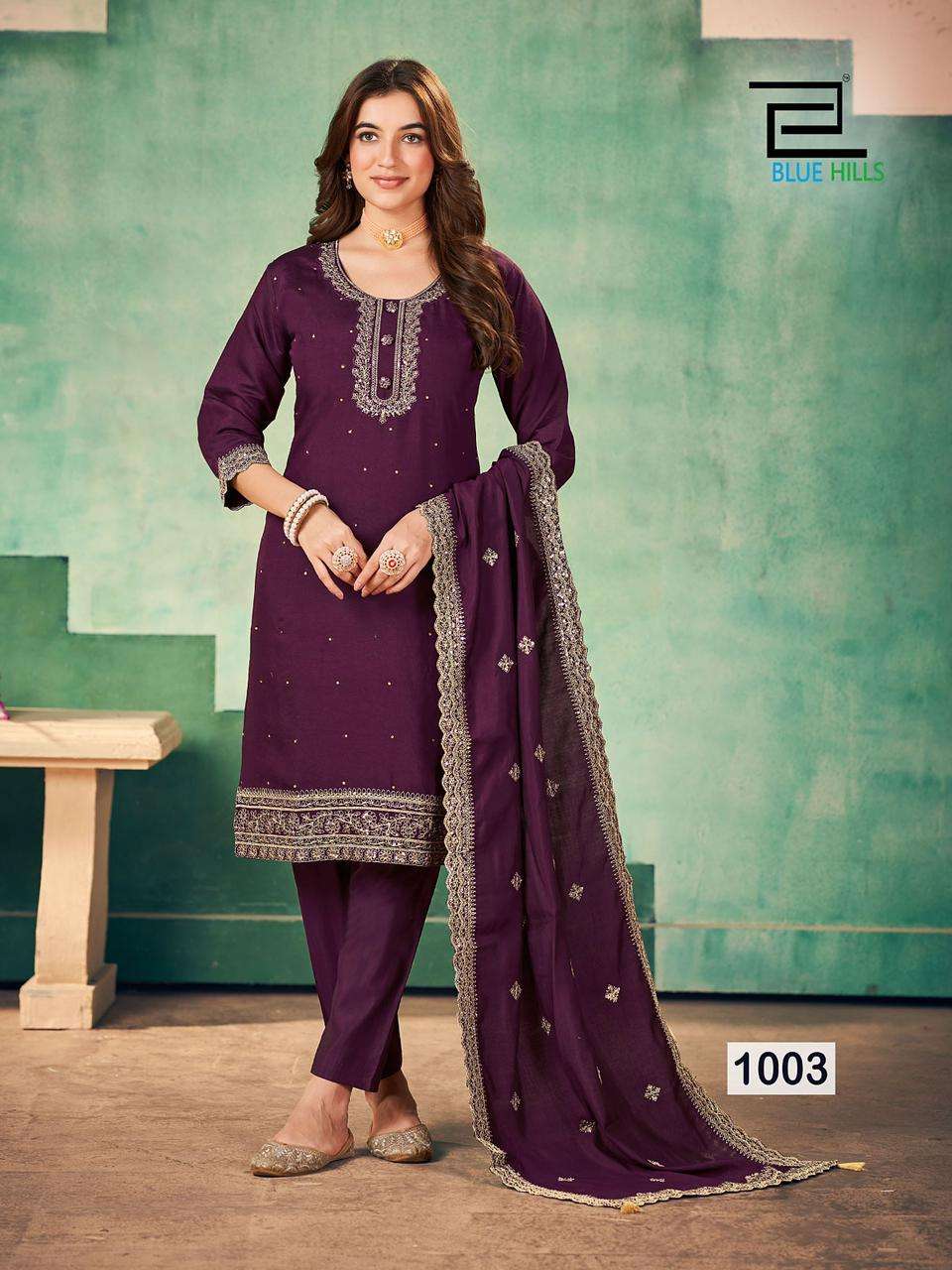 Blue Hills Full Moon Roman Silk Kurti Pant With Dupatta Wholesale catalog