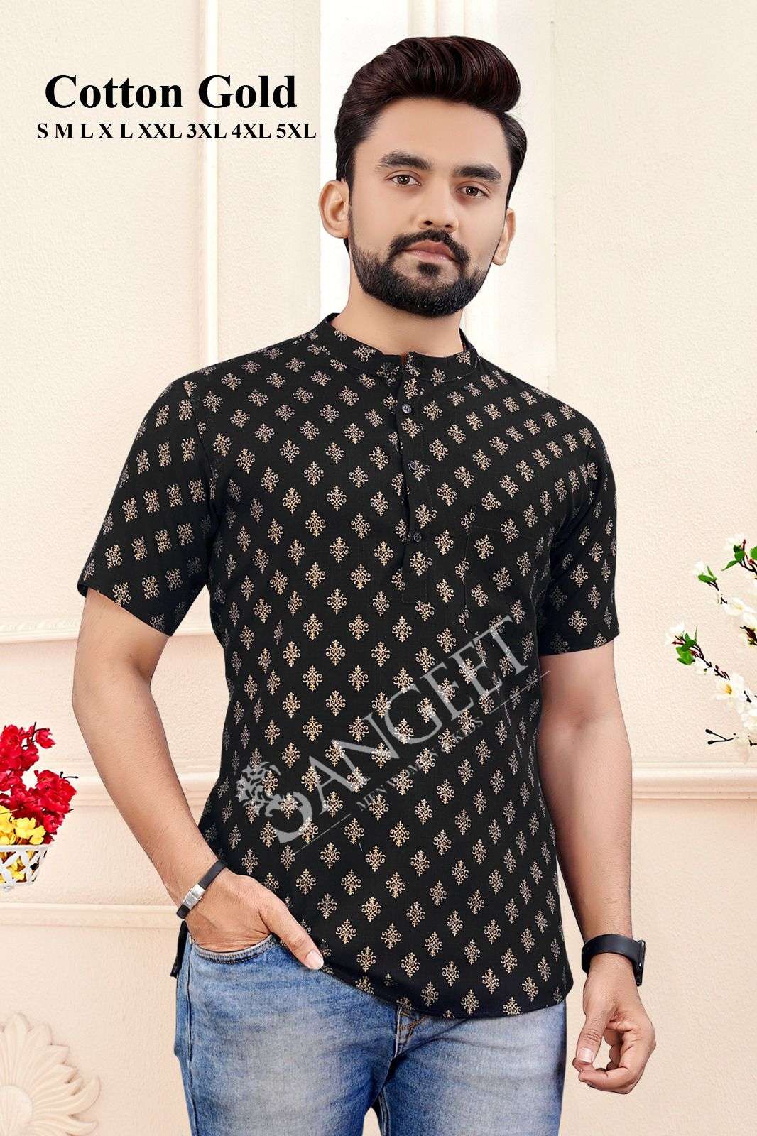 GOLD COTTON MENS SHORT KURTA Wholesale catalog